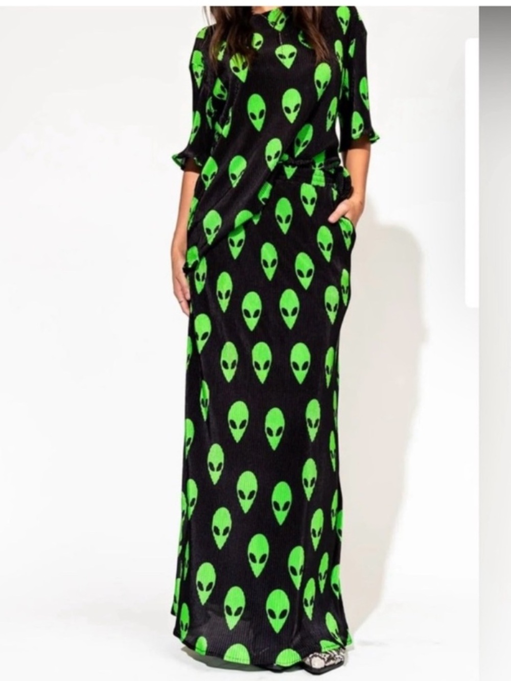 Dressed in lala Black & Neon Green Alien Print Maxi top and Dress, L 1X 2X 3X